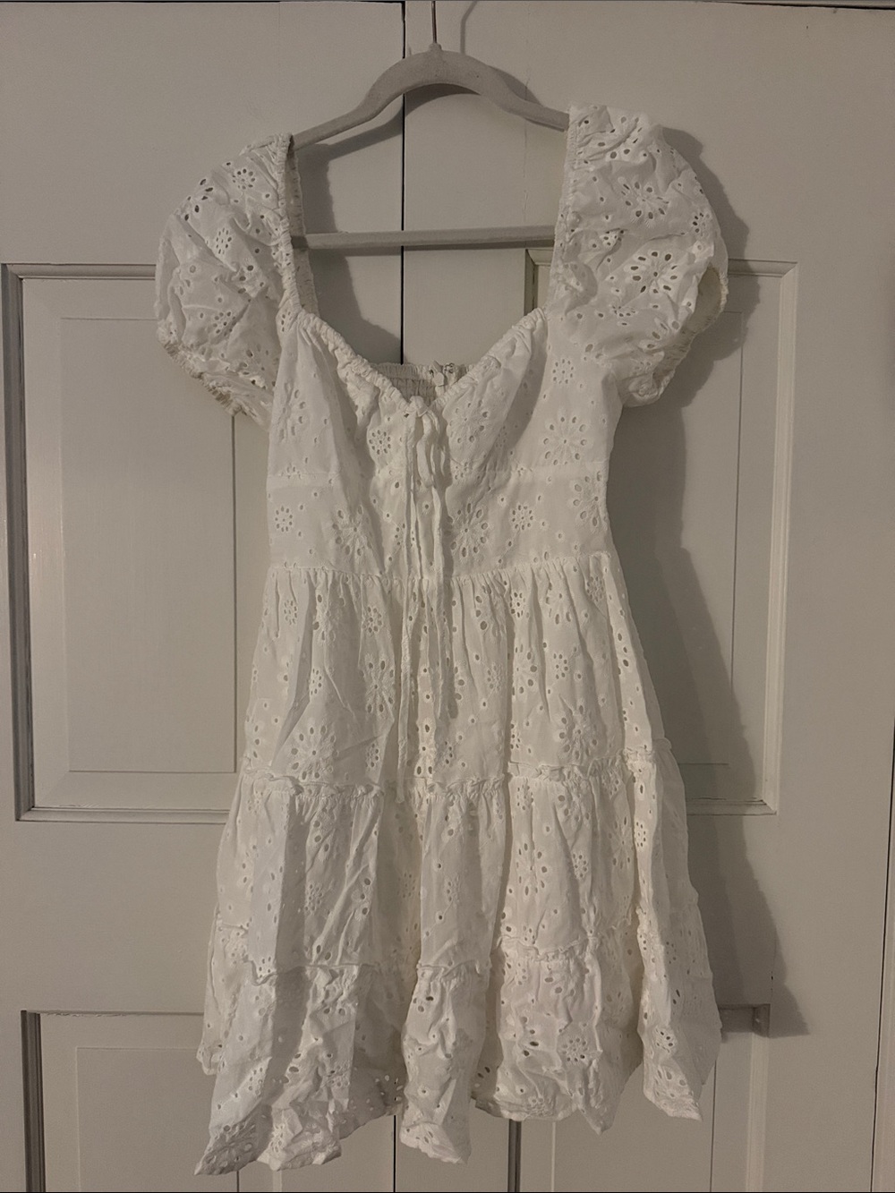Dress Forum White Eyelet Puff-Sleeve Tiered Mini Dress with Front Tie
